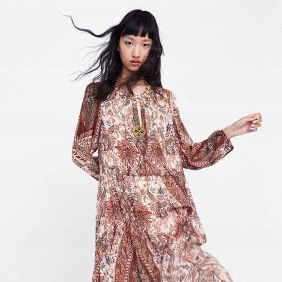 NEW ZARA WOMEN'S FLOWING SIDE SLITS PRINTED MIDI DRESS - Picture 3 of 9